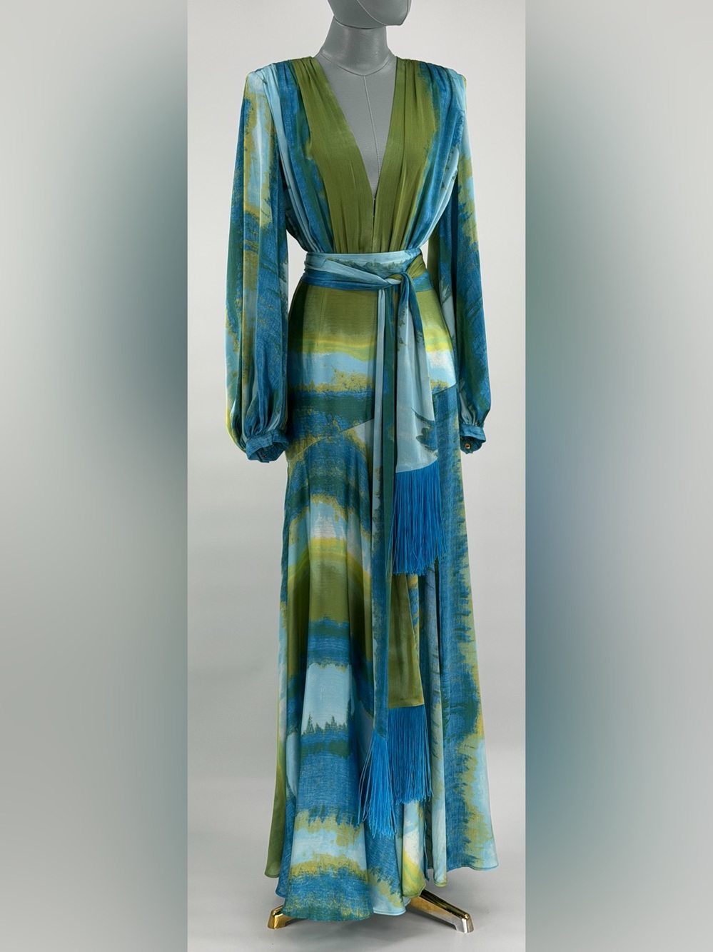 🆕 BRONX & BANCO 🧿 NWOT Coastal Carmen Belted Fringe Gown, Blue - Sz S US 4 - Picture 3 of 16